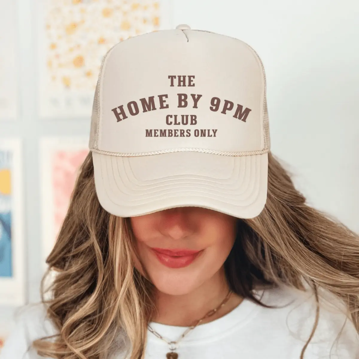 Home By 9pm Club Funny Classic Foam Trucker Hat for Women Khaki