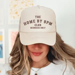 Home By 9pm Club Funny Classic Foam Trucker Hat for Women Khaki