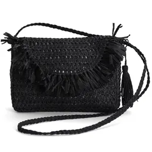 Straw Crossbody Bag - Straw Purse - Straw Bag - Ashley - Black