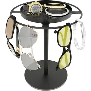 Metal Sunglasses Organizer, Glasses Holder Stand with Storgae Tray, Eyeglasses Holder with Anti-Slip Pads for Tabletop, Desk, Dresser, Matte Black