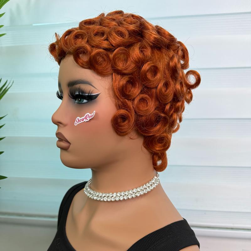 ShowReal 025 Short Pixie Cut Egg Wavy Curly Bomb Black Colorful Mommy Wig Pin Curls Brizalian Virgin Human Hair Cute Style Wigs For Black Women Daily Party Use
