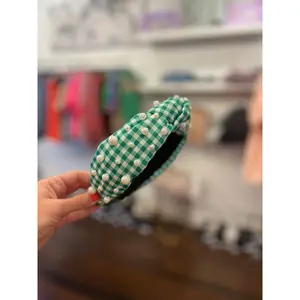 Green Gingham Pearl Headband