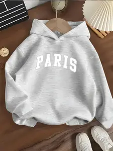 Girls' Hooded Sweatshirt Paris France Letter Print, Hoodie Letter Logo, French Simple Style, Fashion, Soft Fabric, Trendy Girls' Clothing