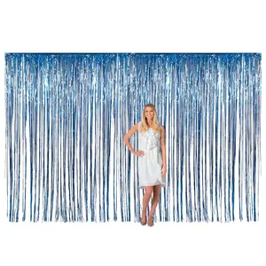 12 Ft. x 8 Ft. Large Blue Metallic Fringe Foil Backdrop Curtain