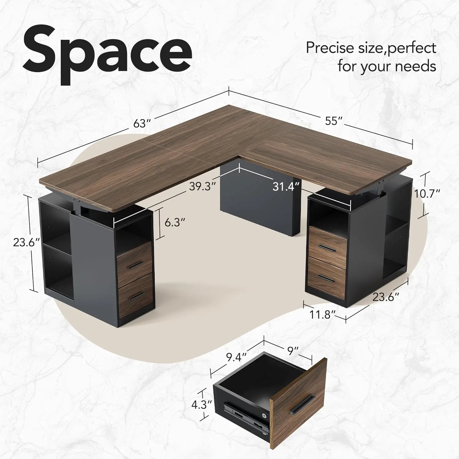HUANUO 63 Inch L Shaped Standing Desk, Electric Executive Height Adjustable Desk with Storage Drawers, Reversible Design Computer Workstation for Home Office, Black Walnut Corner Desk