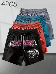 4-Pack American Streetwear Shorts, Tropical, Trendy Brand, Aesthetic Eccentric Star Graffiti Print, Quick-Dry Breathable Fabric, Unisex