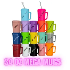 34oz Mega Mugs - Double Wall Insulated BPA Free Drinkware with Bendy Straw Tees in Assorted Colors - Flasks