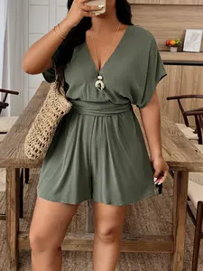Women's Plus Size Military Short Jumpsuit Deep V Casual Style, Comfortable and Stylish One-Piece for Everyday Wear