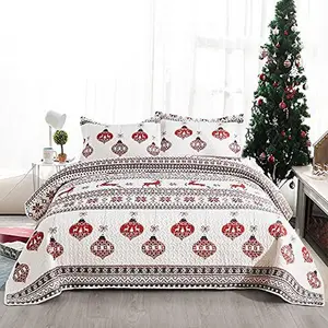 kindredhome Kindred Home Christmas Quilt Set, Reindeer, Lantern, Snowflake Pattern Printing Bedding, Solid Quilted Bedspread, Lightweight Bedspread Quilt Set for Children, Adults (King)