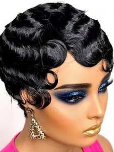 Short Finger Wave Wig Human Hair Wig for Women, Full Machine Made Wig, Natural Look, Easy to Style, Perfect for Daily Use