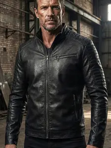 Men's Stand Collar Zipper Front Leather Jacket, Single Piece, Stylish and Durable, Perfect for Casual Wear, All Seasons