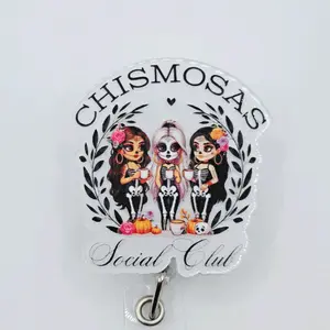 Chismosas Social Club Acrylic Retractable Badge ID Reel Belt or Alligator Clip Spanish reels