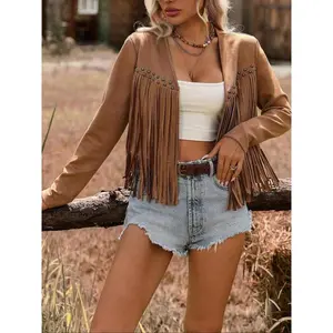 Women's Casual Long Sleeve Jacket with Fringe Design, Open Front Zipper Closure, Perfect for Daily Wear & Layering