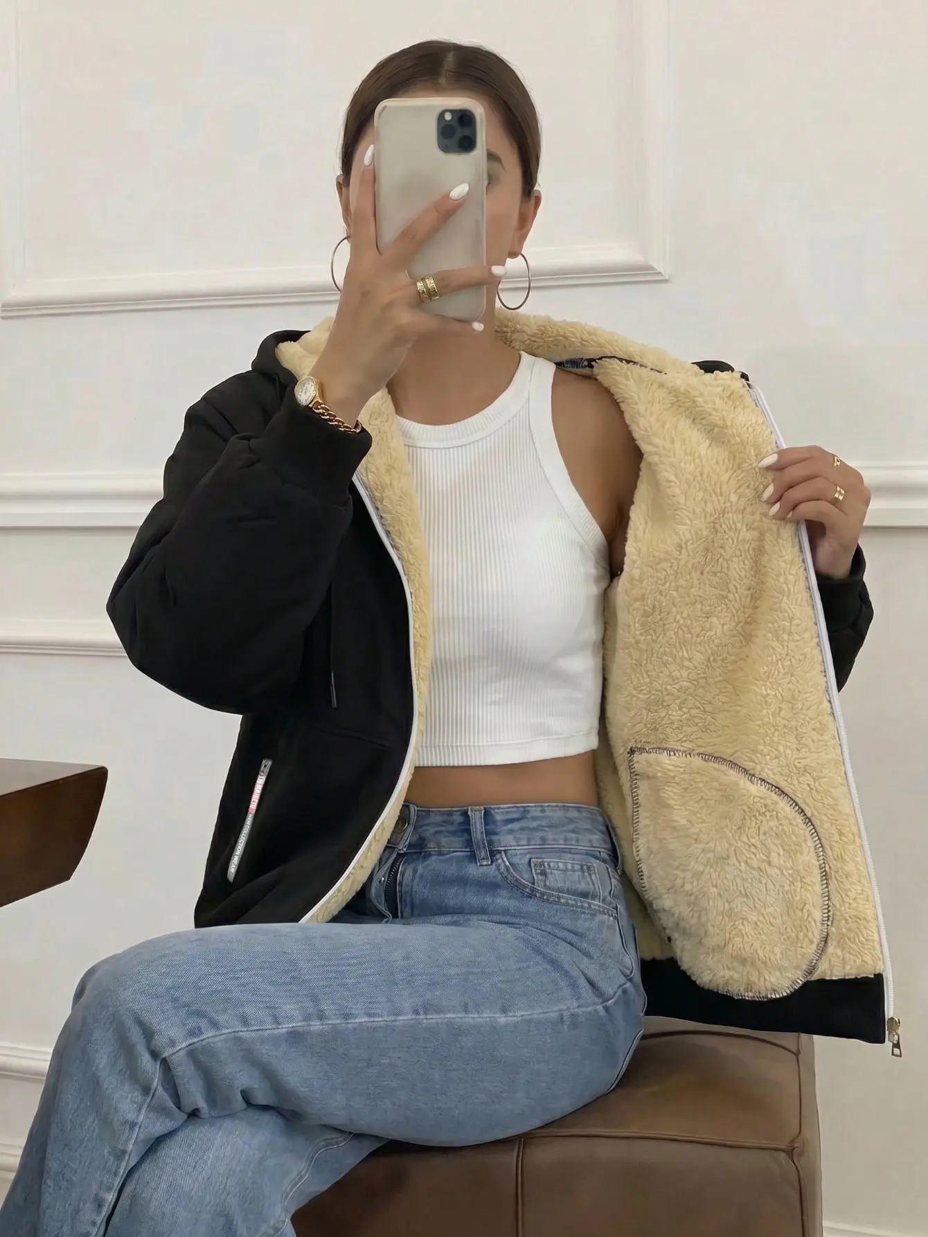Women’s fleece-lined zip-up hooded jacket, thick and warm for winter, loose casual cardigan sweatshirt
