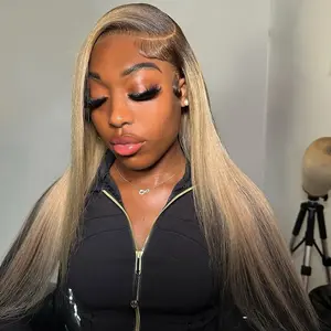 Ash Blonde Brown Roots Highlight Straight Human Hair Wig HD Transparent 13x4 Lace Front 200% Density Pre Plucked  Human Hair Wigs for Women