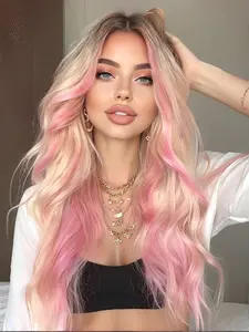 26 Inch Pink Highlights Curly Hair for Women With Medium Parting Synthetic Wigs: Natural-Looking And Heat Resistant For Daily Party Cosplay Costume Halloweeen And Christmas