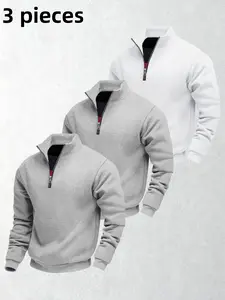 3-piece men's semi-zipper stand-up collar knitted sweatshirt, loose fit, soft and slightly elastic fabric, suitable for daily wear in autumn and winter. Men's long-sleeved pullovers sweatshirt