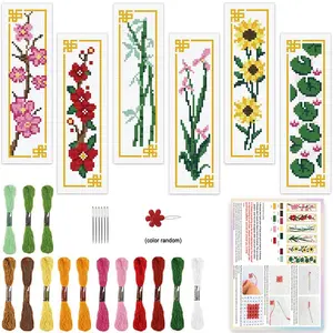 6-Piece Floral Cross Stitch Bookmark Set, Unique Plum Orchid Bamboo Chrysanthemum Design, Perfect Gift for Book Lovers & Craft Enthusiasts