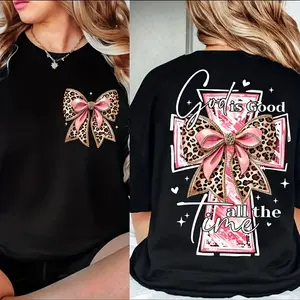 Womens Cotton Short Sleeve Graphic Tee God Is Good All The Time Cross And Leopard Bow Print Casual Summer Shirt Faith Outfit For Church Weekend And Everyday Wear