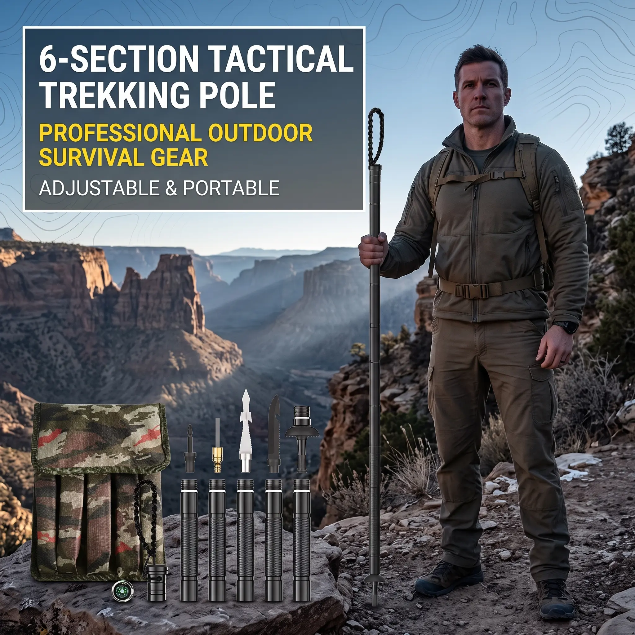 6-Section Foldable Tactical Trekking Pole - Multi-Function Outdoor Survival Tool with Compass, Flint, Knife, Fork, Screwdriver - Portable Lightweight Hiking Stick for Camping, Backpacking, Emergency Use