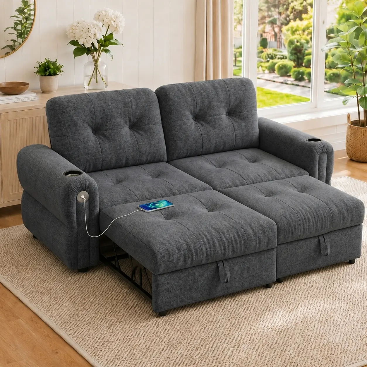 77-Inch 2-in-1 Chenille Fabric Convertible Sofa Bed, Compact Fold-Down Futon Set for Lounging & Sleeping, Multi-Functional Indoor Furniture for Living Room, Apartment, Compact Fold-Down Futon Sets