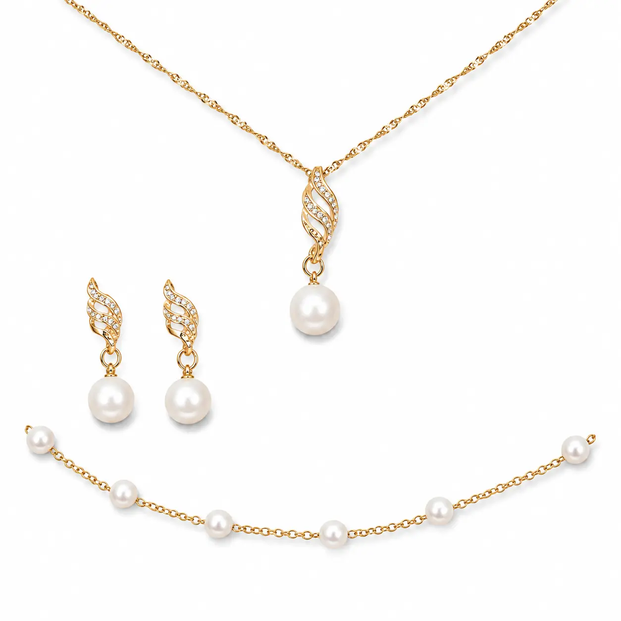 3-Piece Gold-Tone Faux Pearl Jewelry Set for Women, Rhinestone Leaf Pendant Necklace, Matching Drop Earrings and Pearl Chain Bracelet, Elegant Gift Set
