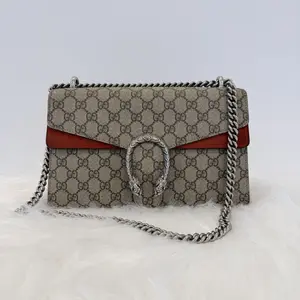 Pre-owned GUCCI Dionysus Classic GG Supreme Canvas Bag, Burgundy Suede, Flap Trim, Silver Tiger Head Buckle
