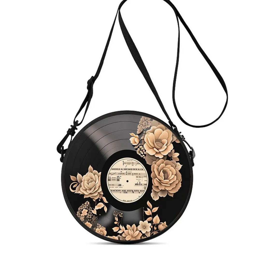 "Rhythm & Roses" Round Vinyl Record Crossbody Bag | Dainty Floral Accents | Retro Music Aesthetic solid color nylon fanny pack luxury women house purse chain design cheap jeans black cartoon outdoor travel unique little fashionable boutique shop to go