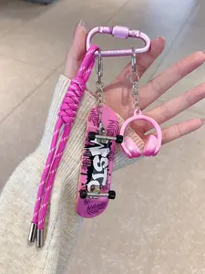 Punk Mini Skateboard Keychain with Headphone Charms,3D Earphone Pendant,Woven Rope Bag Charm Carabiner Keychain,Streetwear Skate Style Headset Skateboard Purse Handbag Charms Aesthetic Bag Backpack Accessory Jewelry Ornament,Keychain For Bags