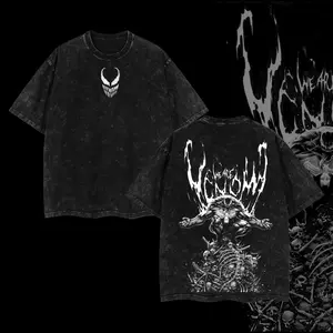 Venom Movie Floral Epic Panther Graphic T-Shirt, Heavyweight Cotton Retro Acid Washed Tee, Grunge Cyber Y2K Streetwear Straight Regular Fit Unisex Short Sleeve Top, Stylish Designer Apparel For Movie Fans Casual Daily Holiday Party Wear