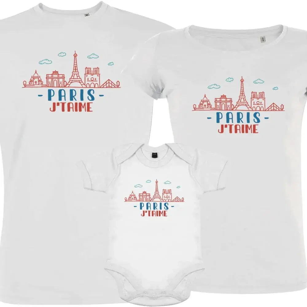Women's Family Matching Organic Cotton Set - 3 Soft Short-Sleeve Tees, Paris J'taime Themed, Includes Onesies for Coordinated Outfits, Onesie