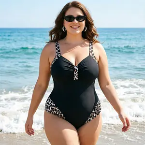 FreeBody plus-size leopard print one-piece swimsuit, waist-cinching body-shaping swimwear, front pleated one-piece swimsuit, slimming plus-size swimwear, adjustable wide shoulder straps, tummy control swimwear, women’s tankini, crystals bikini