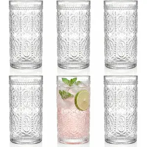 6 Pack Romantic 12 oz Highball Drinking Glasses, Thick Tall Glass Cups for Beverages, Beer, Cocktail, Vintage Glassware Set for Dinner Parties, Bars, Restaurants