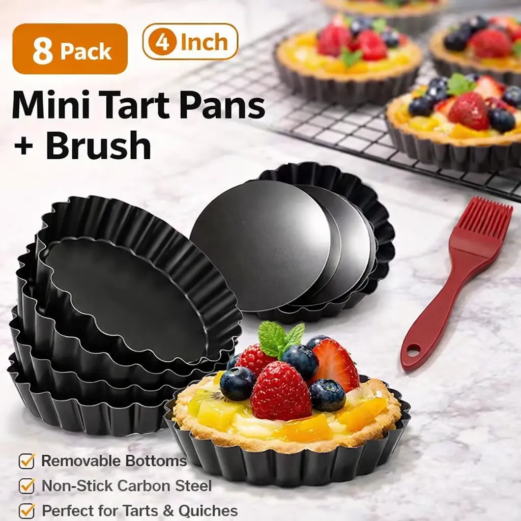 8-Pcs 4-In Classic Steel Nonstick Mini Tart Pans with Removable Bottom, Heavy-Duty Fluted Bakeware for Pies, Tarts, Desserts