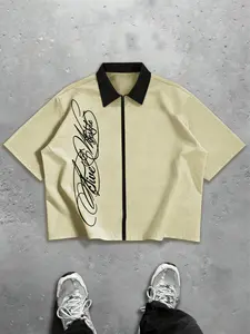 Men's American street graffiti style color-blocked zip-up boxy short-sleeved shirt, color-blocked collar cropped shirt, retro workwear style, Vintage, trendy, casual, layered, versatile, suitable for back-to-school, rapper apparel, holiday gift