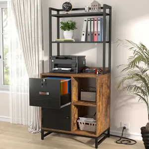 Vertical File Cabinet with Lock and Charging Station, Wood Filing Cabinet with Large Drawer, Printer Stand, Bookshelf, Open Storage Shelf, Letter Size File Organizer for Home Office