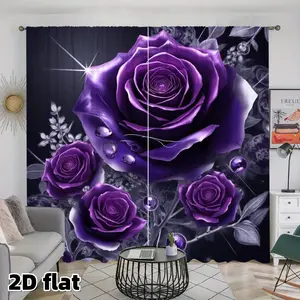 2D flat 2-piece set of purple rose curtains, sunshade curtains, semi blackout panels, living room, bedroom, dining room, kitchen, window decoration, home decoration curtain, heat-insulating curtains