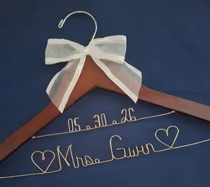 L. JENKINS DESIGNS Personalized Bride Wedding Dress Hanger with Custom Name and Date 10 Bow Colors Durable Wooden Design Hanging Gift Organiser 17.5 x 9 inches