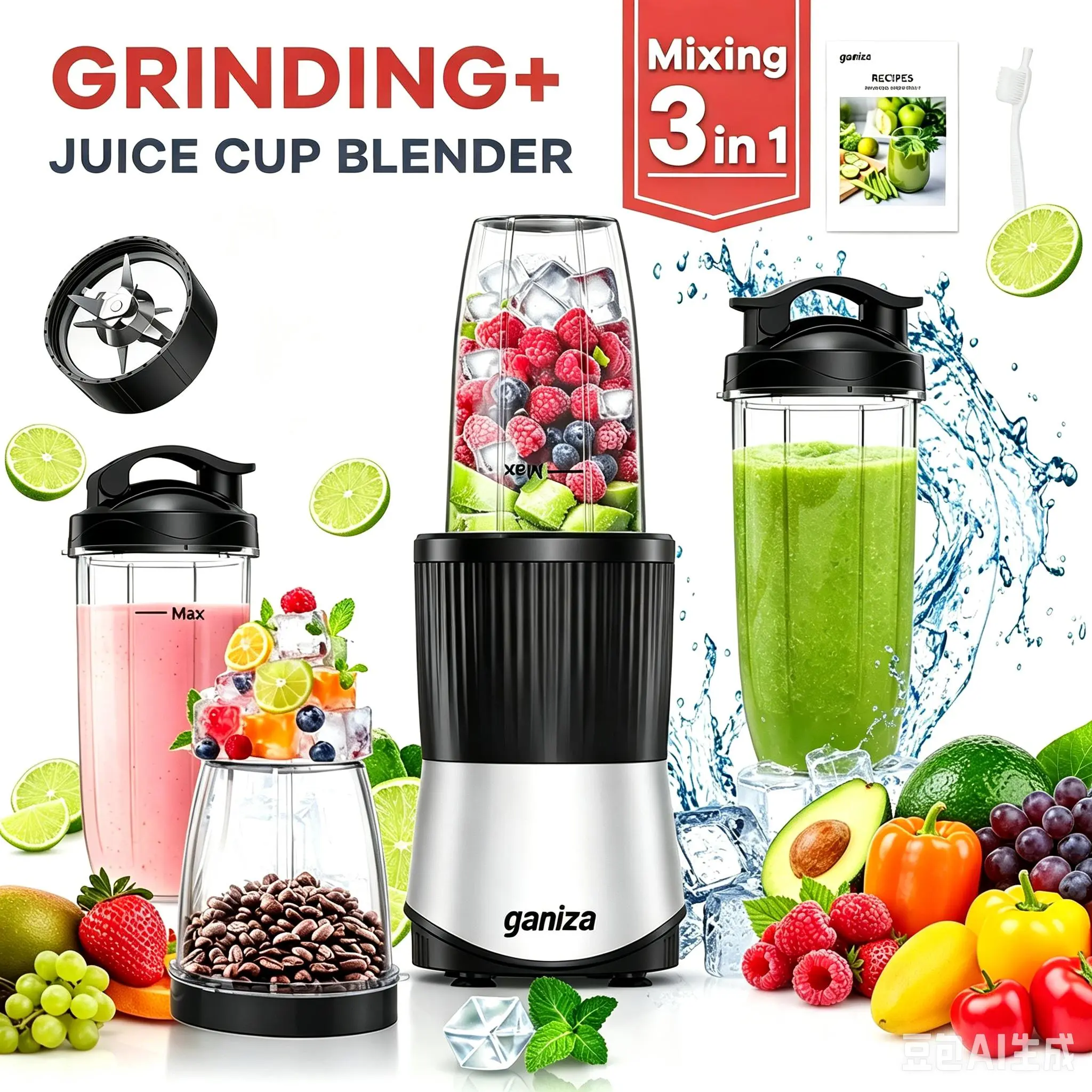 Ganiza Professional Stainless Steel Blender - 900W Powerful Juicer Machine, 25000 RPM, Multifunctional Countertop Kitchen Supplies for Frozen Fruits/Ice/Frozen Drinks, Dishwasher-Safe Food Processor