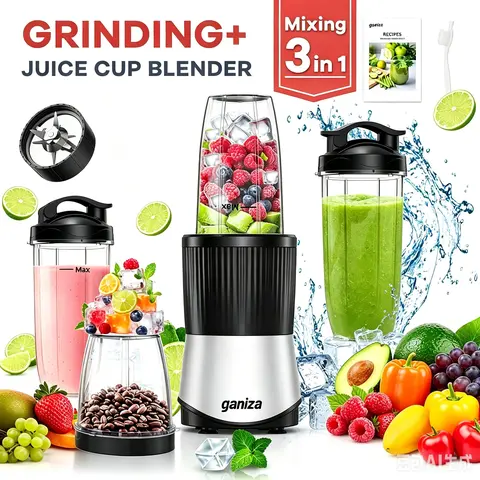 Ganiza Professional Stainless Steel Blender Processor - 900W Powerful Juicer Machine, 25000 RPM, 1.9L Kitchen Appliance, 4 BPA-Free Cups with Anti-Leak Lids, Lock-In Safety, Mess-Free Countertop Tool for Frozen Fruits/Ice, Dishwasher-Safe
