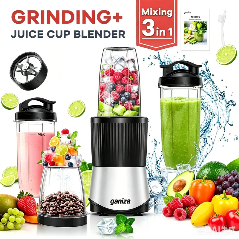 Ganiza Professional Stainless Steel Blender Processor - 900W Powerful Juicer Machine, 25000 RPM, 1.9L Kitchen Appliance, 4 BPA-Free Cups with Anti-Leak Lids, Lock-In Safety, Mess-Free Countertop Tool for Frozen Fruits/Ice, Dishwasher-Safe