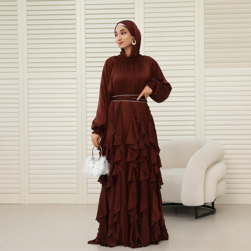 Women's Islamic Abaya Dress 3-Piece Set - Full-Length, Pleated Glossy Satin, Ruffled Ruched Loose Smooth Comfortable Fabric, Stylish Daywear, Evening Wear, Triple-Row Crystal Belt, Hijab, Side Zipper (NCS015)