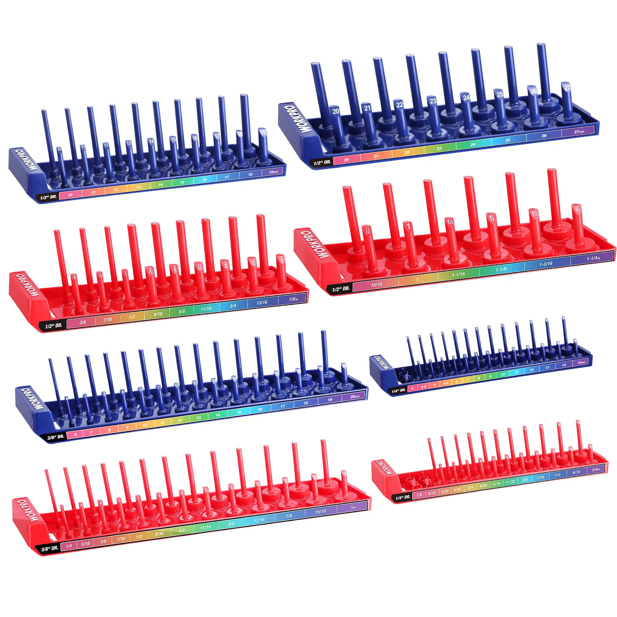 WORKPRO Socket Organizer Set, 1/4" 3/8" 1/2" Drive Socket Holder | Fits Impact Sockets, Metric & SAE Socket Trays, Holds Sockets, Large Capacity, Clear Size Identification