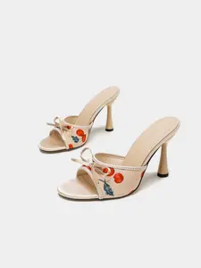 Women's Cherry Pattern Open Toe Bow Mules, Fashion Chunky Heel Slides, Comfortable Formal High Heels for Party Wedding Summer Daily Casual Wear