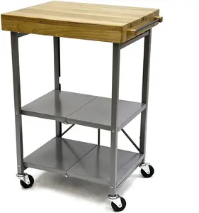 Origami 3-Shelf Kitchen Cart with 2inch Wood Top, Powder Coated Steel Frame and Wheels, Foldable, No Assembly Required