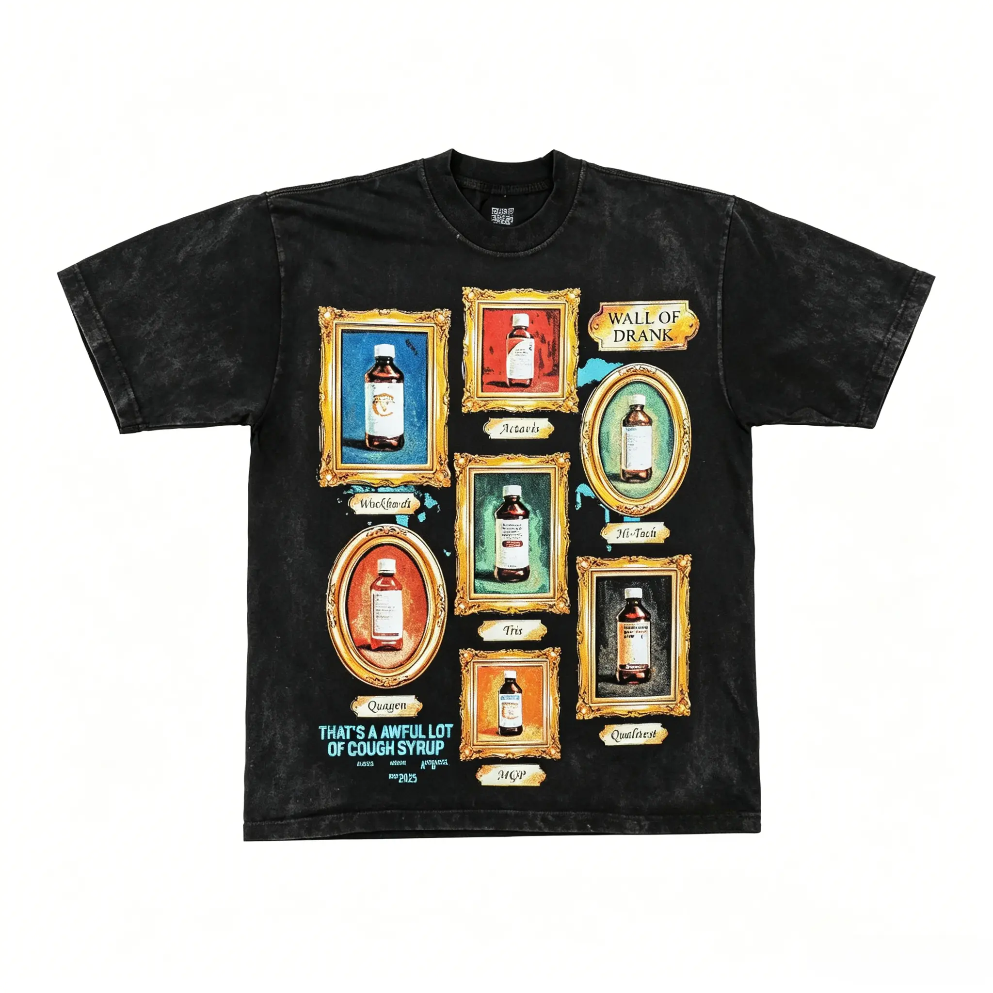 Vintage Washed Graphic T-shirt, Unisex Casual Shortsleeve Streetwear with Double-Sided "Wall of Drank" Digital Print, Tshirt, Hip Hop Style, Long-Lasting Ink, Loose Cut, Top, Fashion, Menswear, Retro, Round Neck, Vintage T-Shirts, T-Shirt Tee, Cotton