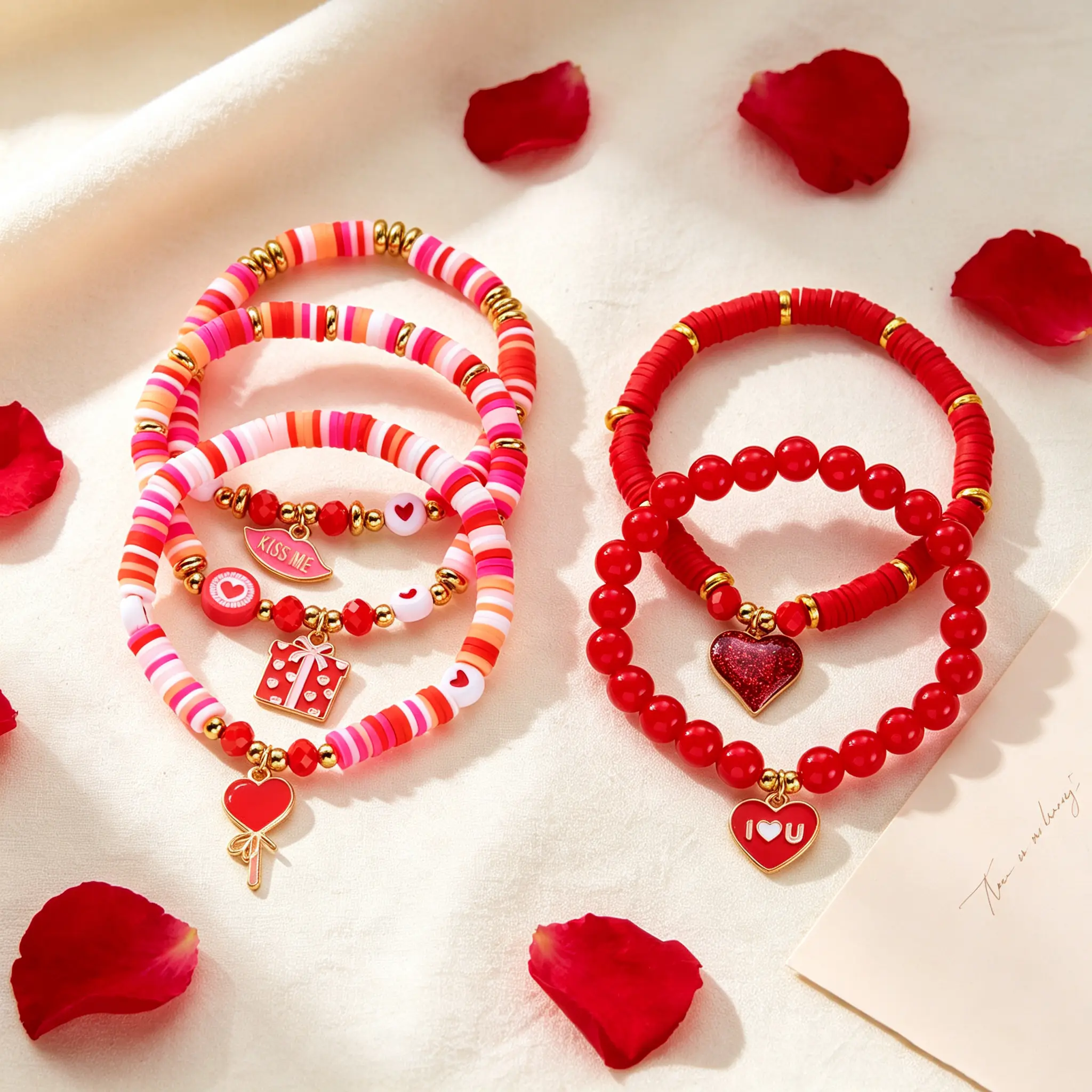 Valentine’s Day Polymer Clay Bead Bracelet Set, Cute Heart Gift Box Charms Decorative Beaded Stretch Bracelets, Sweet Stackable Bracelet Jewelry for Women Dating Party Accessories