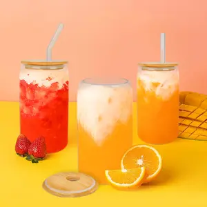 MIUVA 16oz Drinking Glasses with Bamboo Lids & Glass Straw High Borosilicate Material Classic Design for Iced Coffee Soda Whiskey Cocktail Gift Drinkware Stock Up On Specials Stockpile Value Pack Valentine's Day gift Christmas Gift