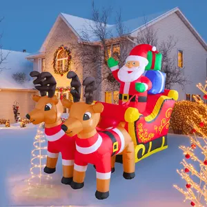 PTS 7FT Inflatable Sleigh with Santa and Reindeer Outdoor Decoration, Christmas Blow Up Yard Decorations, Built-in LED Lights Inflatables Xmas Holiday Funny Decor for Indoor Lawn Garden