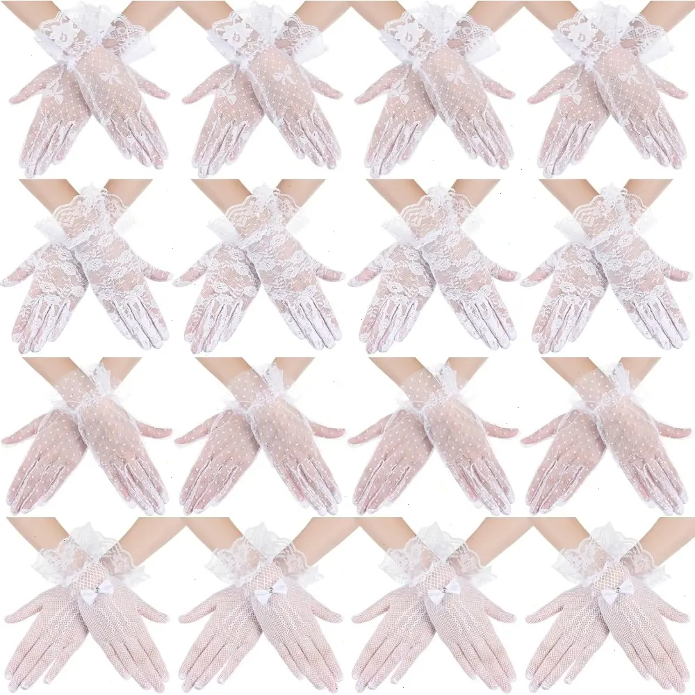 16 Pairs Women Lace Gloves Tea Party Elegant Short Gloves for Vintage Ladies Wedding Wrist
